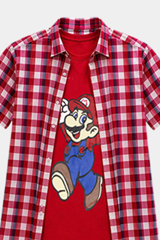 Super Mario Light Red & White Check Double Summer Shirt - MYK_Fatimas