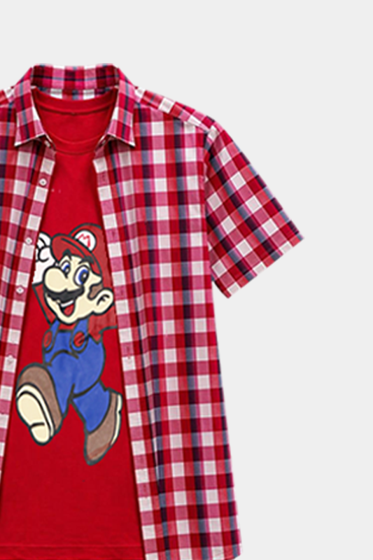 Super Mario Light Red & White Check Double Summer Shirt - MYK_Fatimas