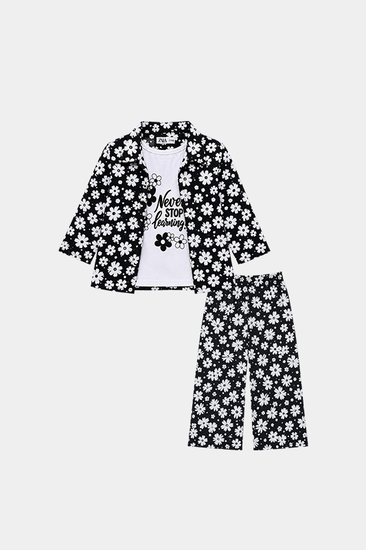 Girls Black & White Floral 3 Piece Summer Co-Ord Set - MYK_Fatimas