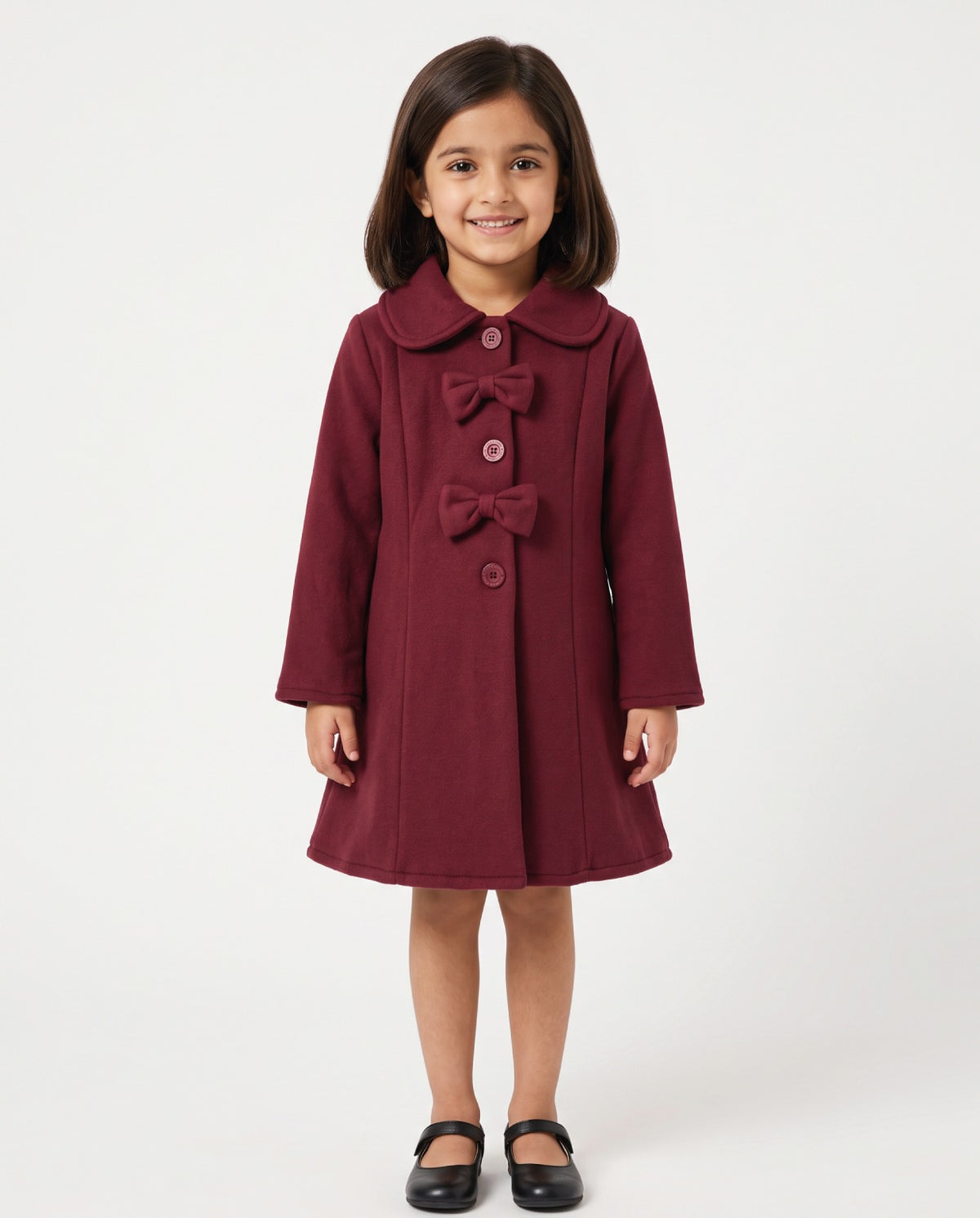 Girls’ Maroon Bow-Detail Fleece Coat