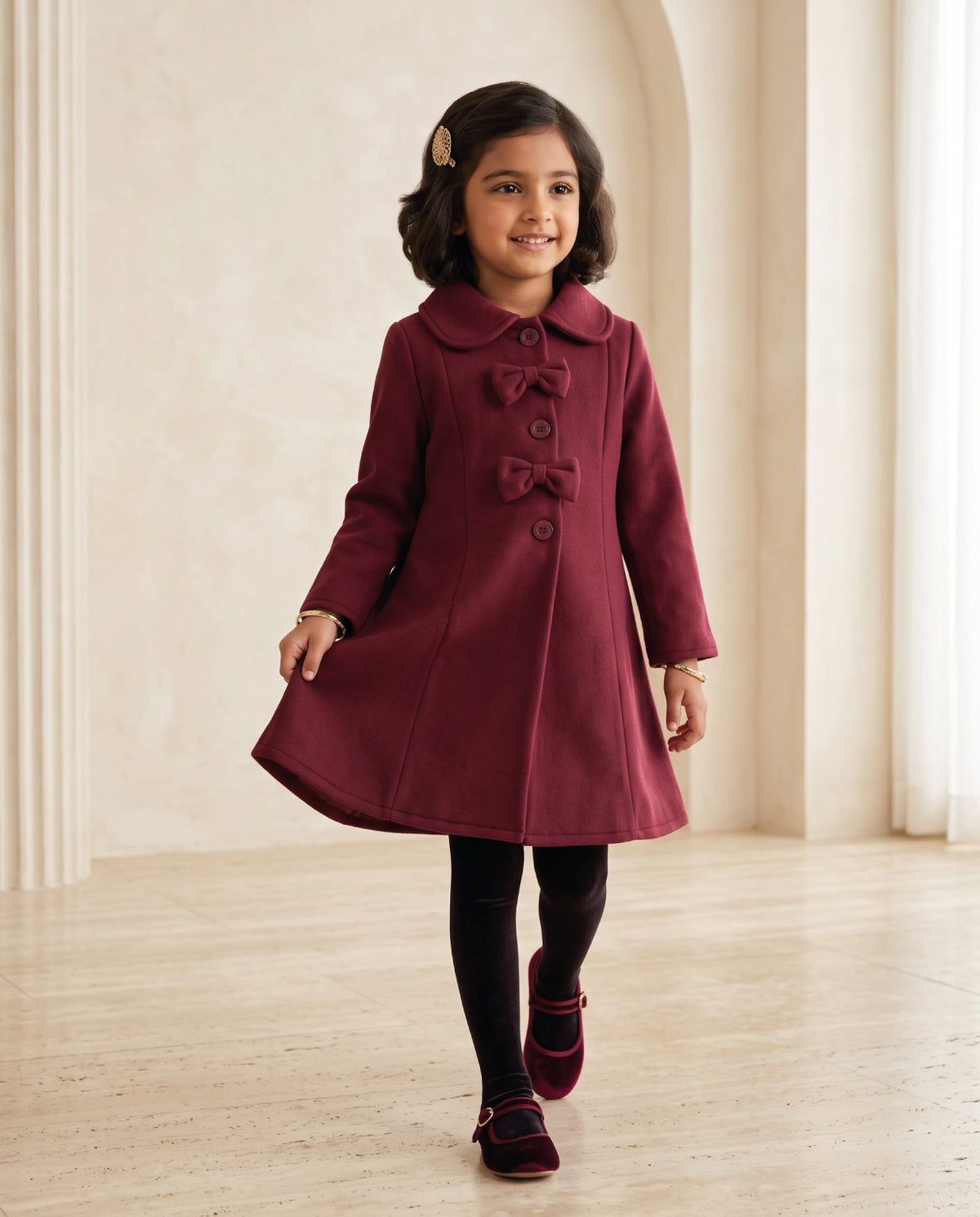 Girls’ Maroon Bow-Detail Fleece Coat