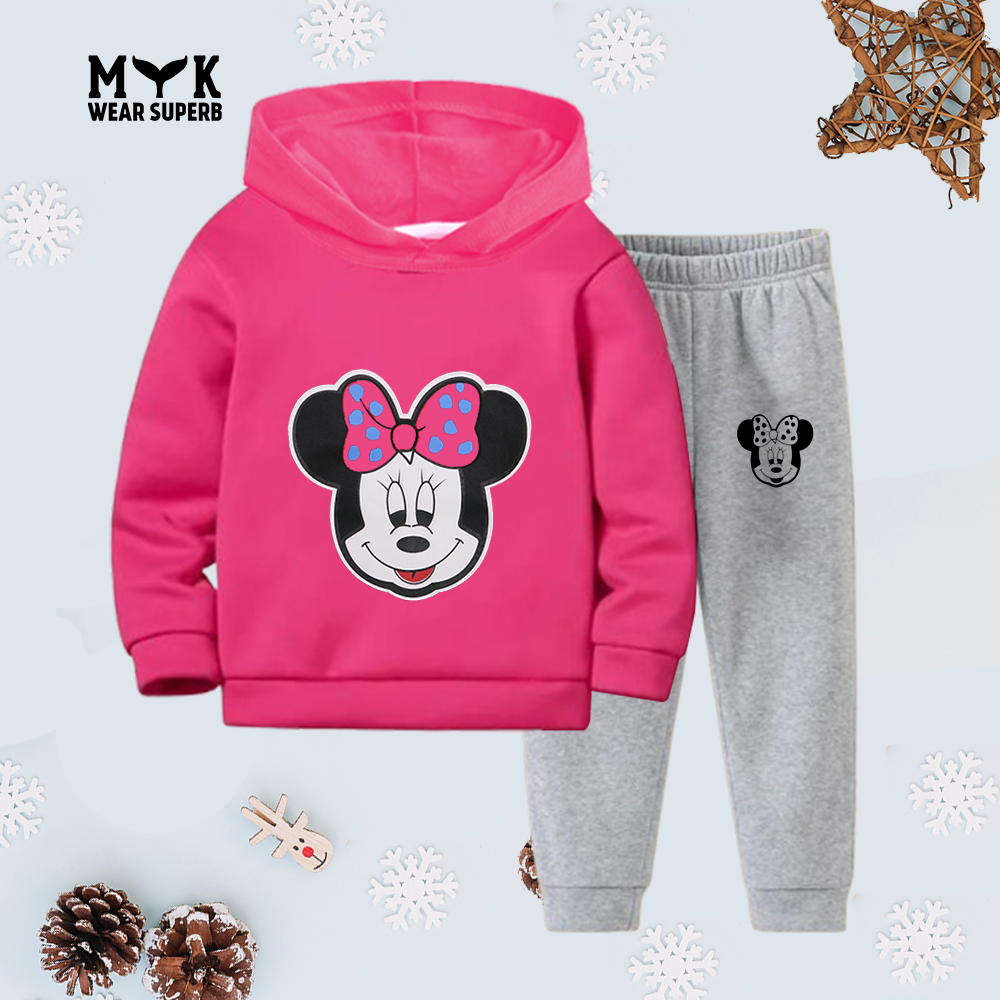 Baby Girl Pink cPrinted Hoodie And Grey Trouser With Dori Outfit Set