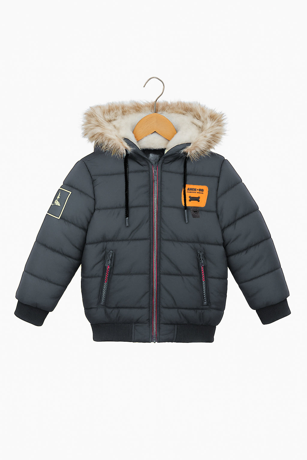 Grey Puffer Jacket with Faux Fur Hood-Unisex