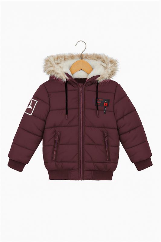 Maroon Puffer Jacket with Faux Fur Hood 