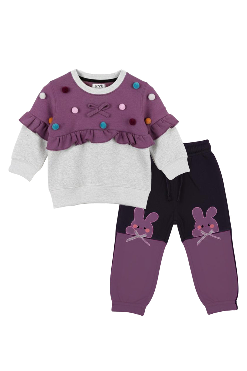 Toddler Girls' Adorable Pom Pom Ruffle Sweatshirt & Bunny Jogger 2-Piece Set
