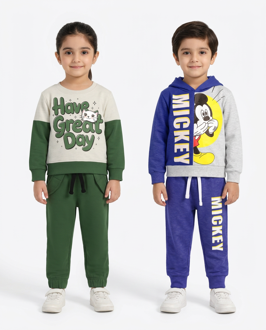 Kids Pack of 2 Hoodies & Trouser Sets – Green Great Day & Blue Mickey