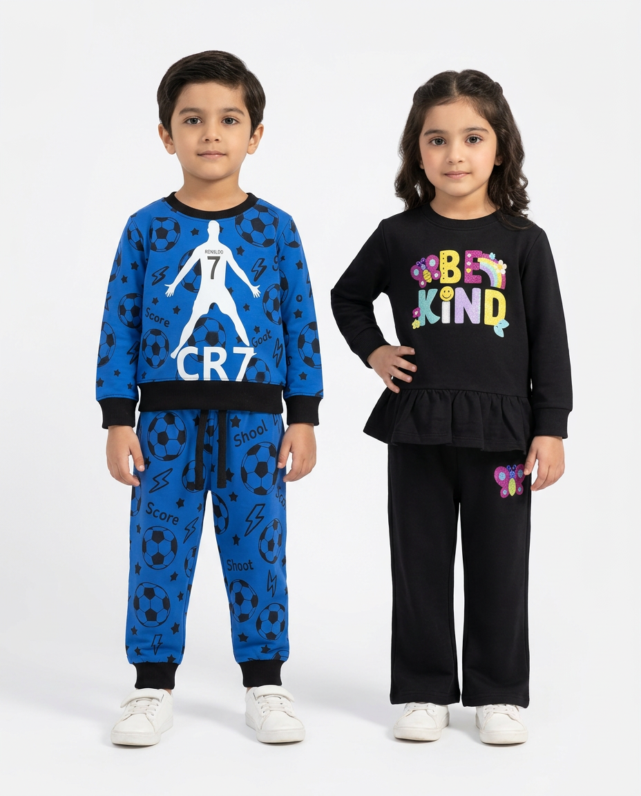 Kids Pack of 2 Sweatshirt & Trouser Sets – Blue CR7 Football & Black Be Kind