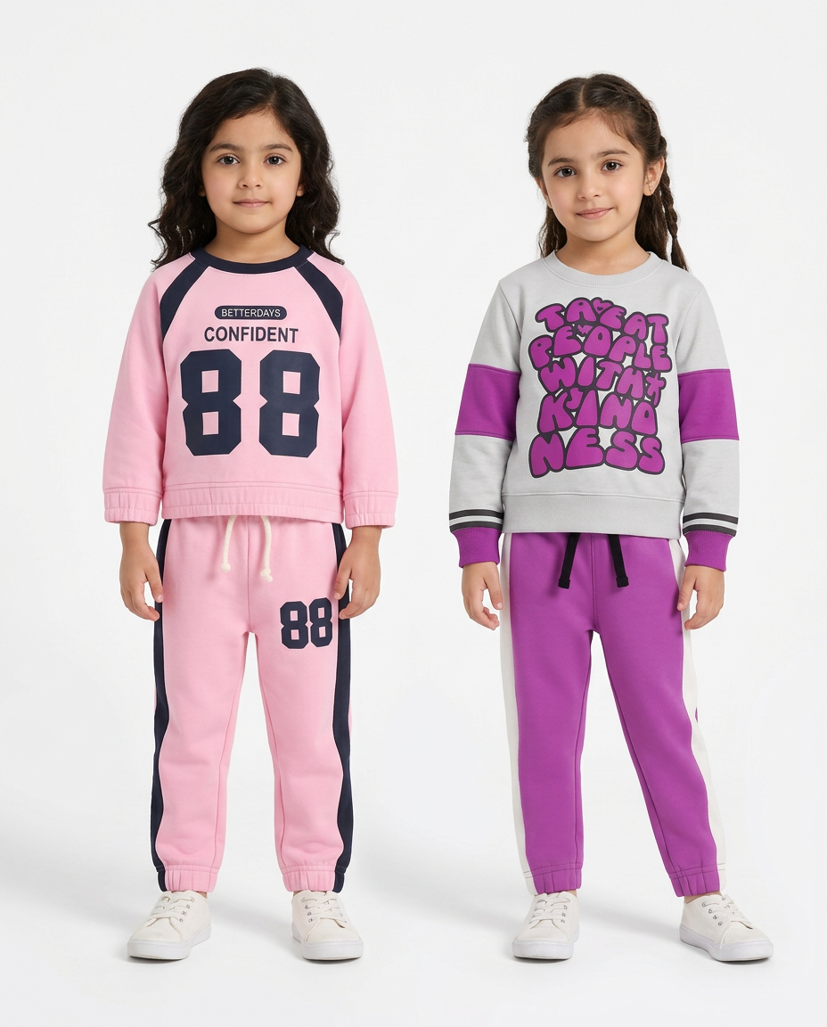 Girls Pack of 2 Printed Sweatshirt & Trouser Sets – Pink 88 & Purple Graphic