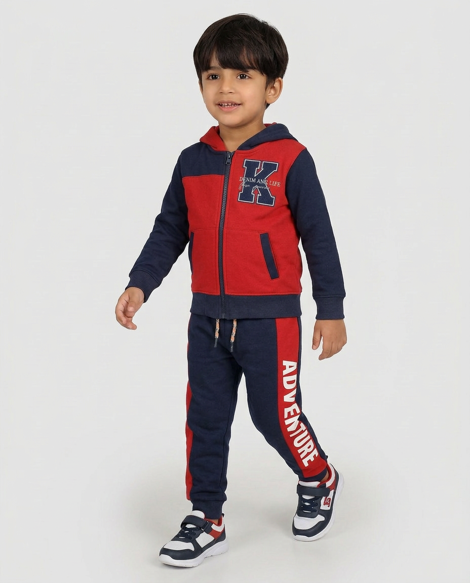 Red & Navy Zip-Up Hoodie and Trouser Suit – Kids Winter Fleece Set