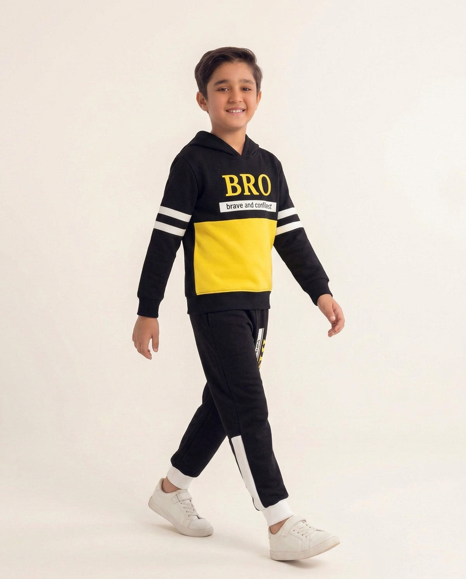 Stylish Kids “BRO” Tracksuit – Black and Yellow Hoodie & Jogger Outfit