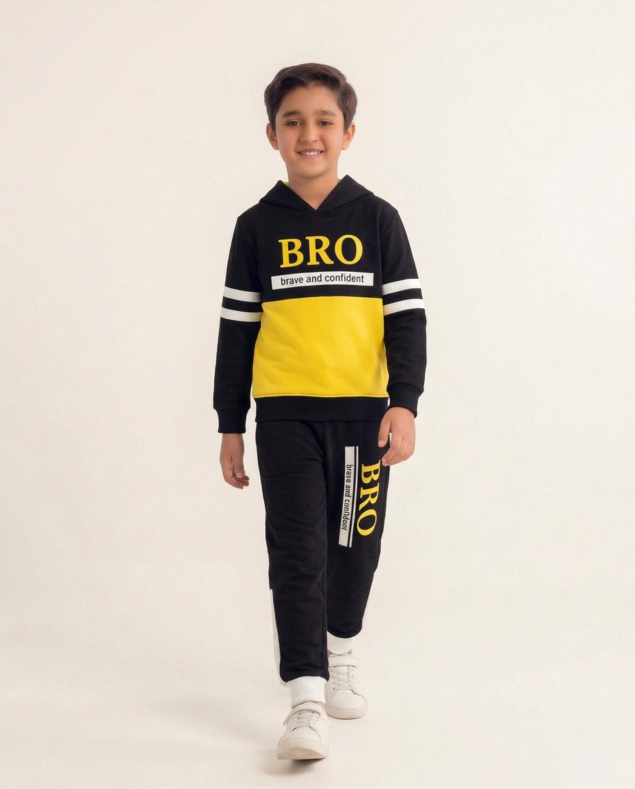 Stylish Kids “BRO” Tracksuit – Black and Yellow Hoodie & Jogger Outfit