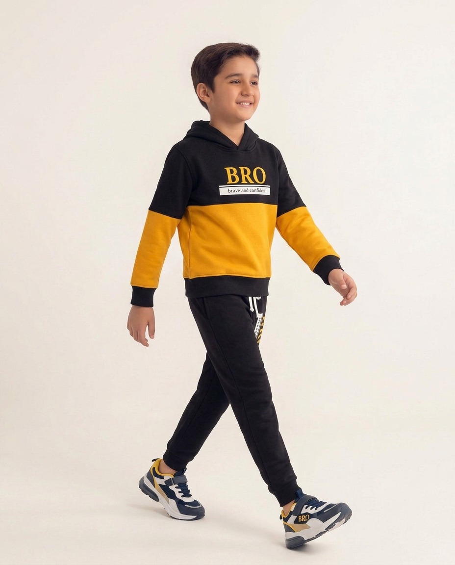 Kids Boys Black & Yellow BRO Hoodie with Trouser – Brave and Confident Printed Casual Outfit