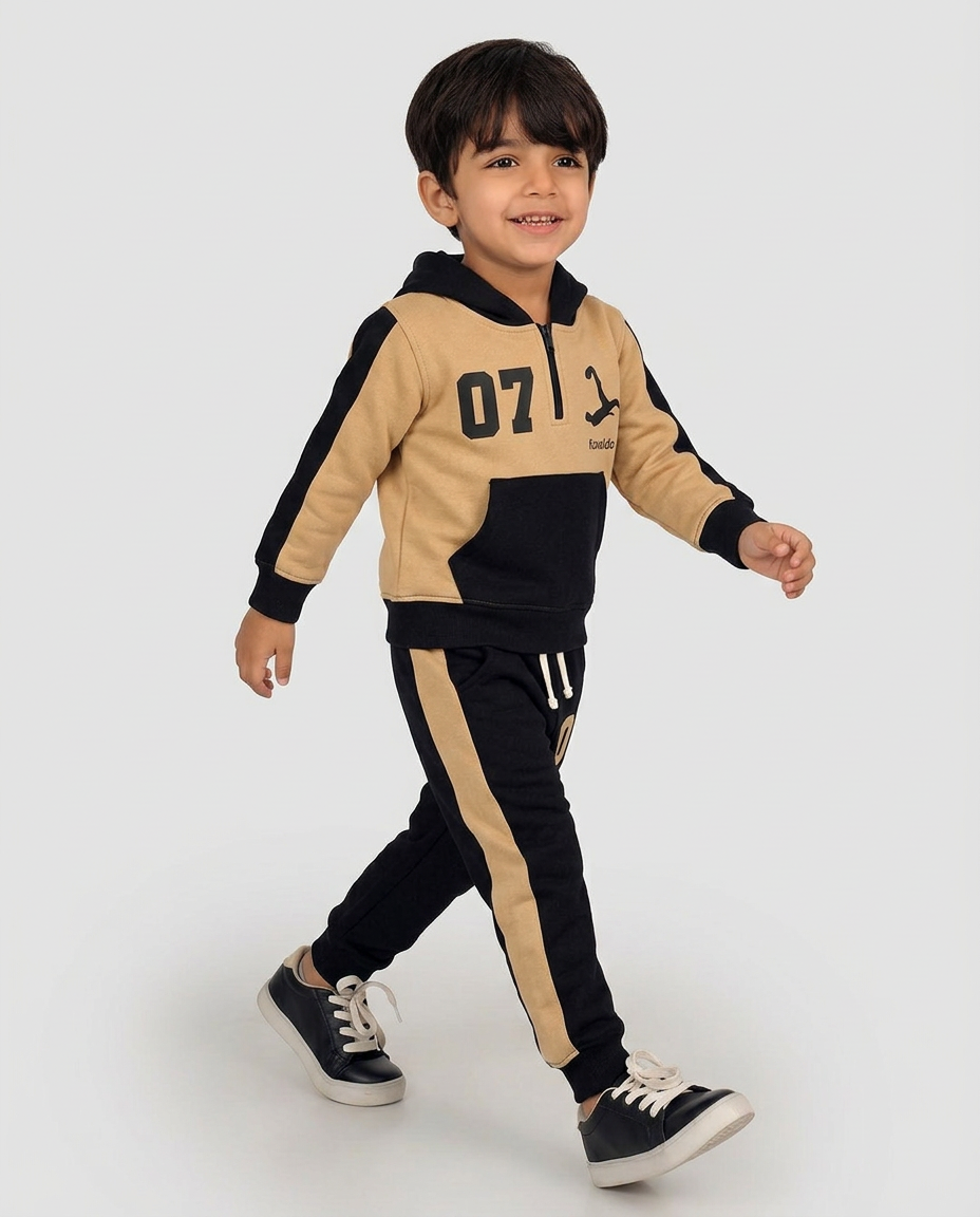 Black & Camel Hoodie Set – Half Zip Hooded Top with Matching Bottoms