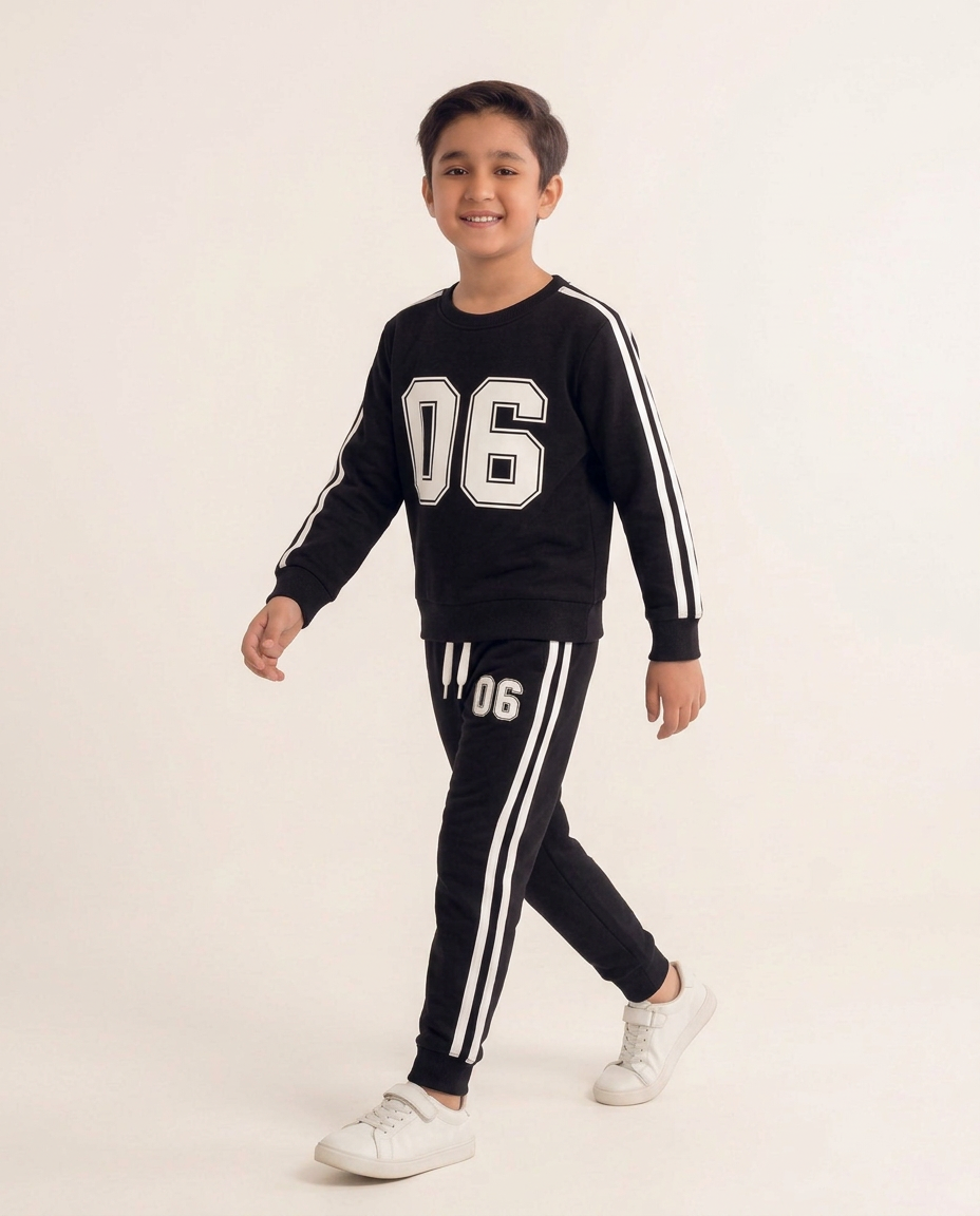 Boys Black Sports Sweatsuit – Number Print Striped Sleeve Sweatshirt