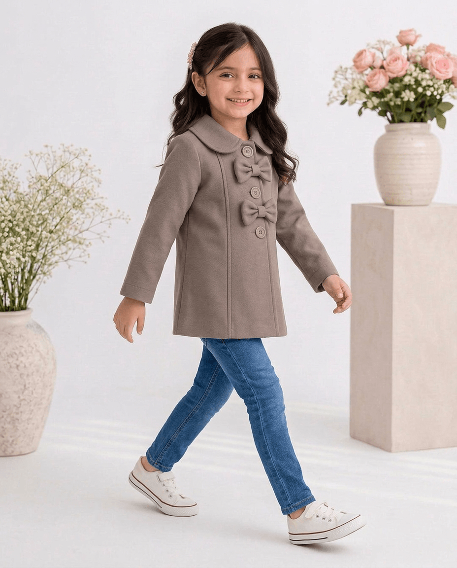 Beige Brown Bow-Detail Fleece Coat