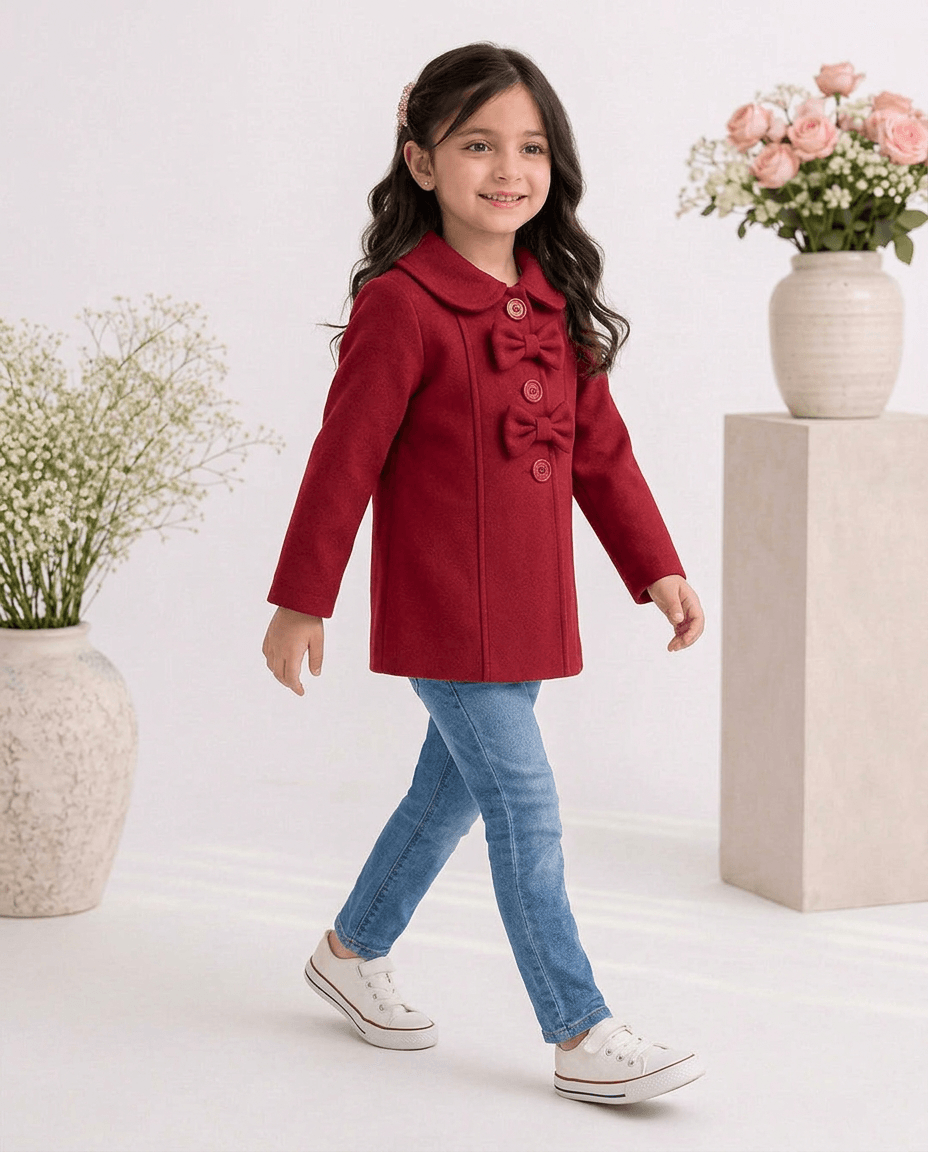 Girls’ Maroon Bow-Detail Fleece Coat