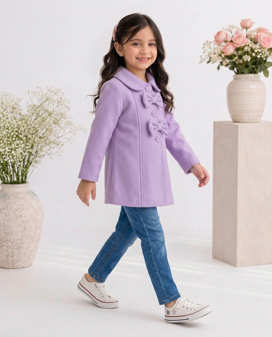 Baby Girl Fleece Winter Coat with Bow Details – Lavender Purple Button-Up Coat
