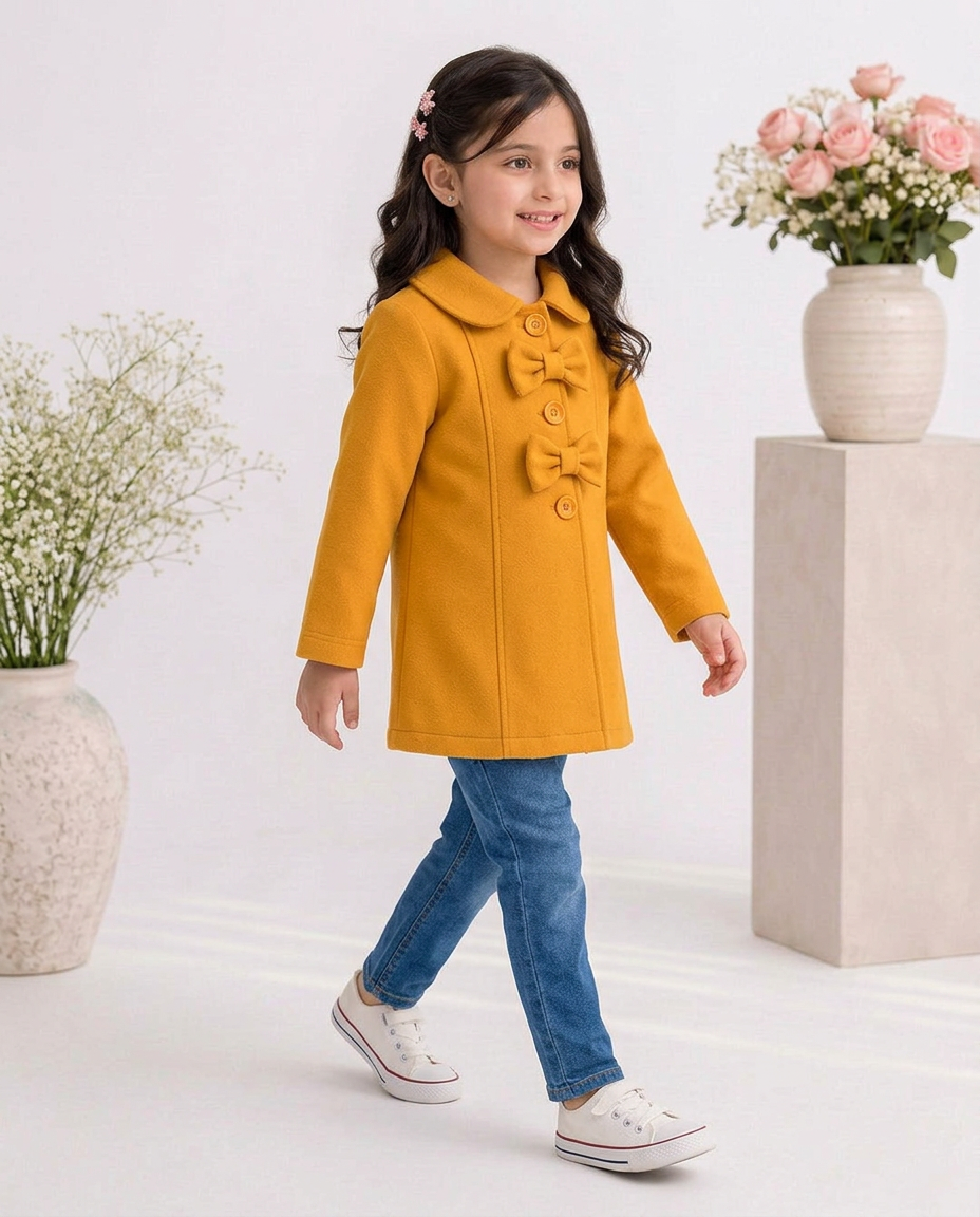 Baby Girls Mustard Fleece Winter Coat with Bow Buttons – Mustard Yellow