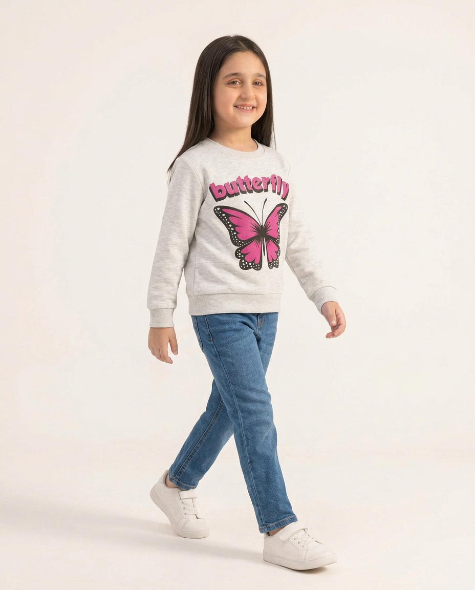Baby Girls Pink & Grey Butterfly Print Premium Quality Only Sweatshirt