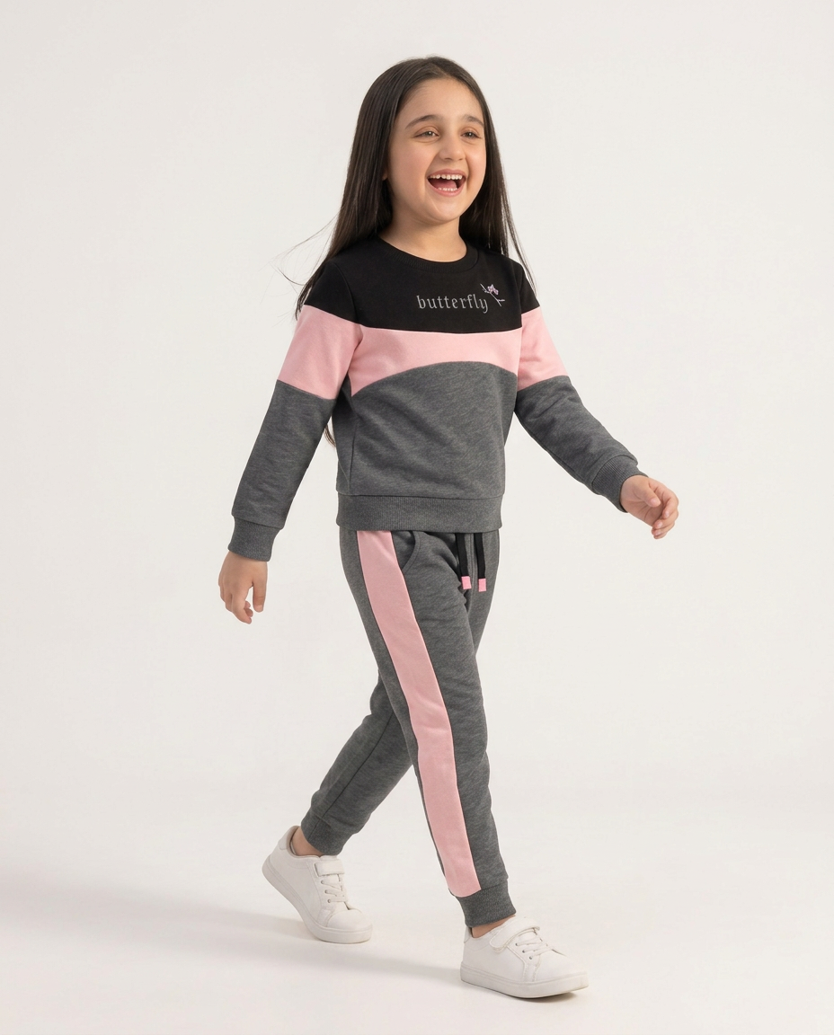 Toddler Girls Butterfly Letter Graphic Black , Pink & Grey Color Sweatshirt With Panel Trouser
