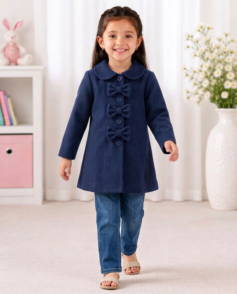 Girls’ Navy Bow-Detail  Fleece Coat