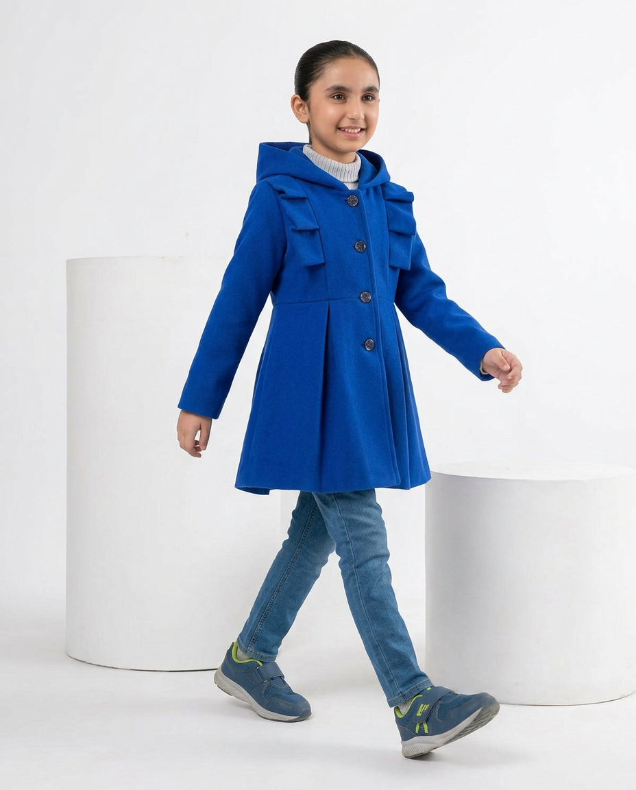 Girls’ Hooded Winter Coat with Button Closure-blue