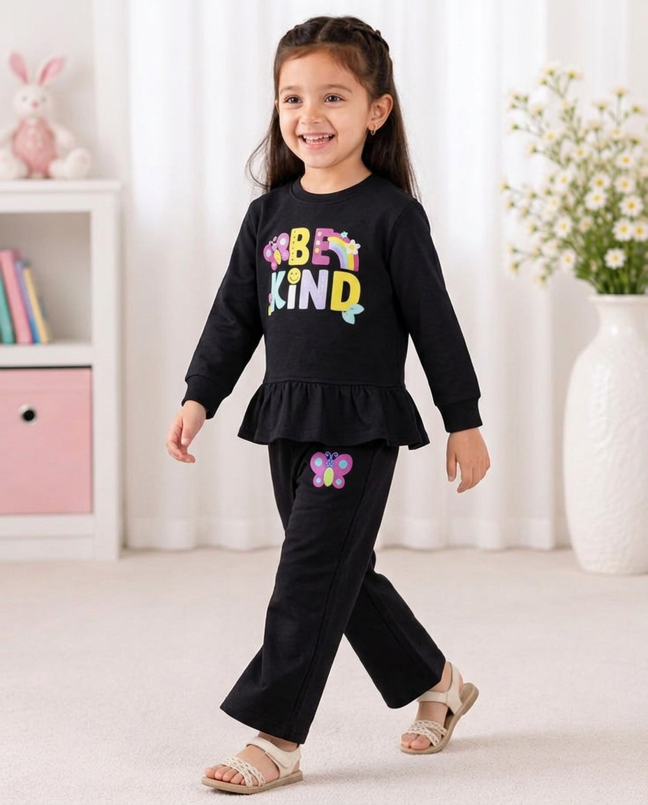 Toddler Girl Black Peplum "Be Kind" Butterfly Graphic Sweatsuit