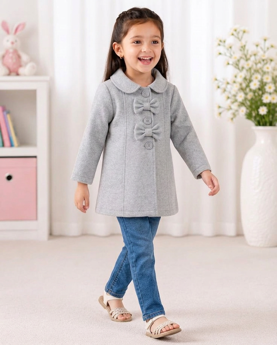 Baby Girls Soft Fleece Winter Coat with Bow Buttons – Light Grey