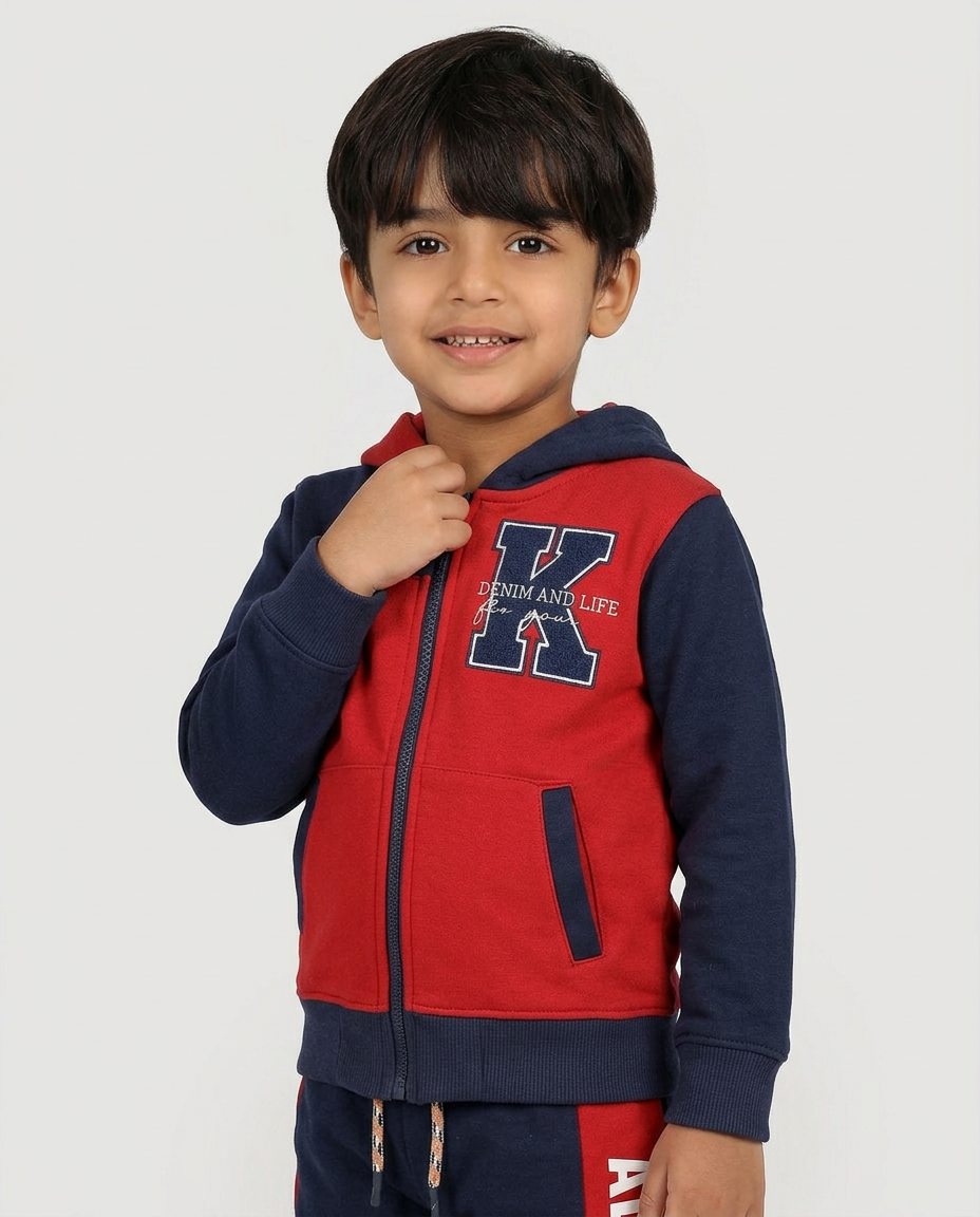 Red & Navy Zip-Up Hoodie and Trouser Suit – Kids Winter Fleece Set