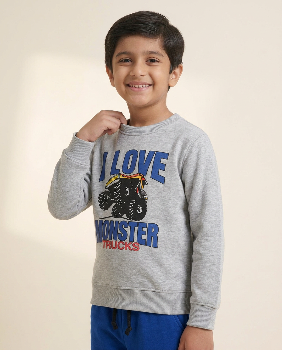 I Love Monster Truck Printed Grey Sweatshirt & Blue Trouser With Dori Outfit Premium Quality Set