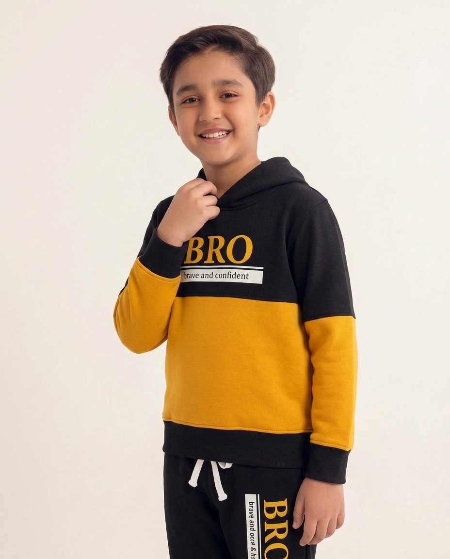 Kids Boys Black & Yellow BRO Hoodie with Trouser – Brave and Confident Printed Casual Outfit