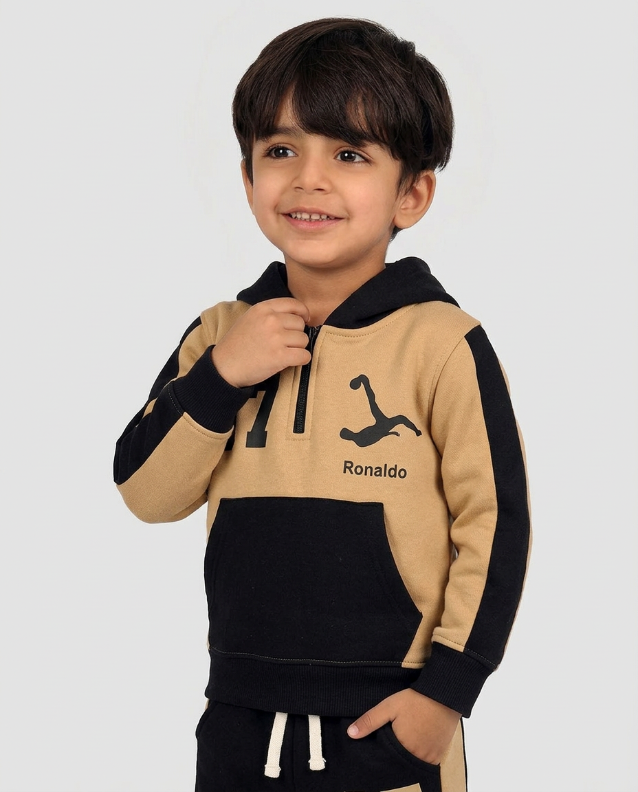 Black & Camel Hoodie Set – Half Zip Hooded Top with Matching Bottoms