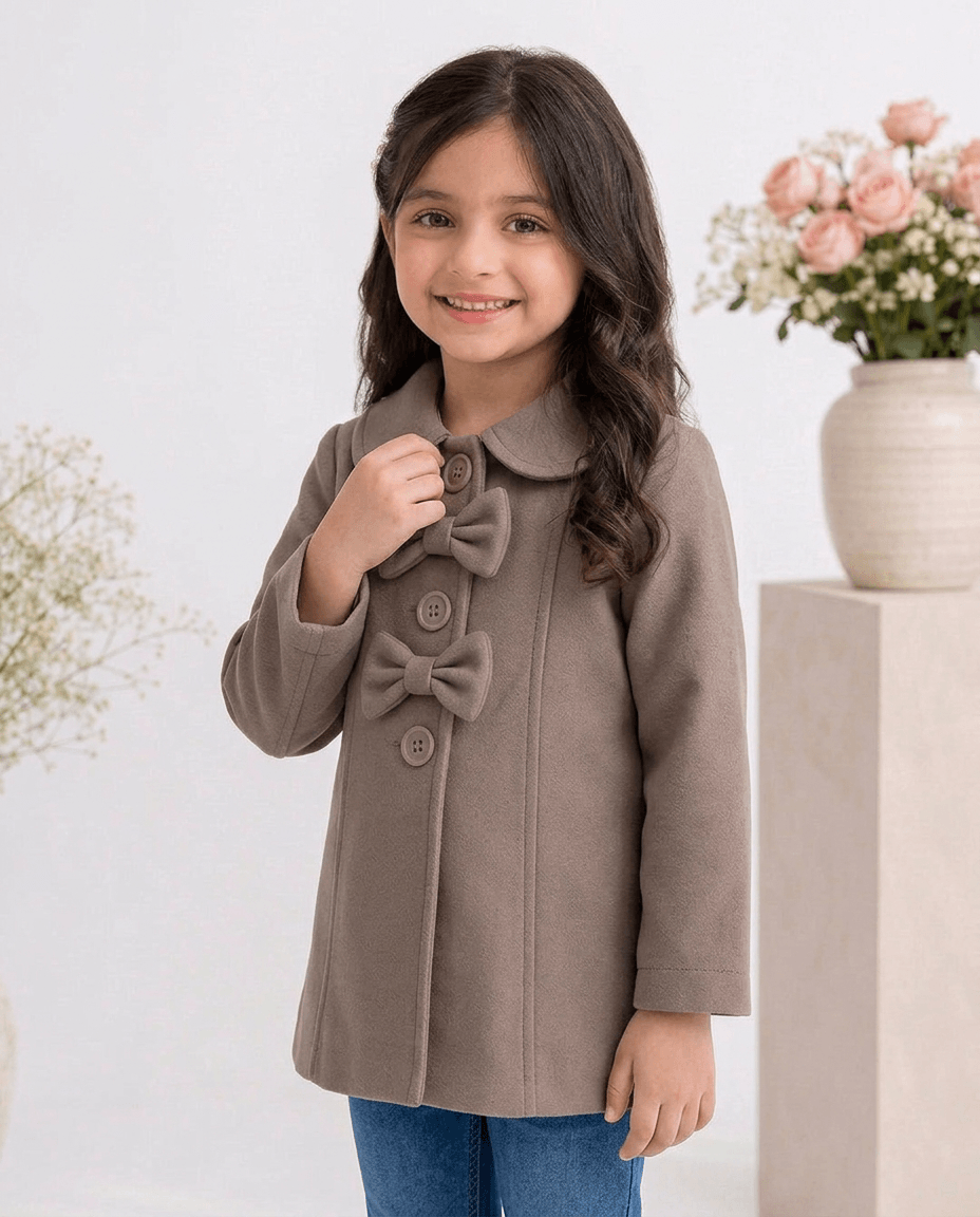 Beige Brown Bow-Detail Fleece Coat