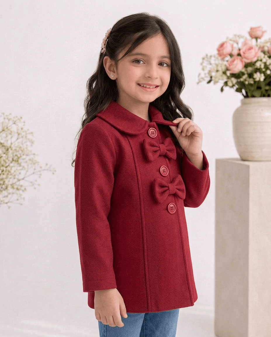 Girls’ Maroon Bow-Detail Fleece Coat