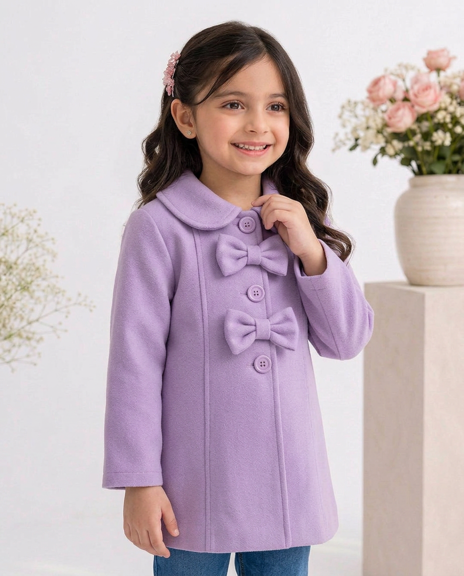 Baby Girl Fleece Winter Coat with Bow Details – Lavender Purple Button-Up Coat