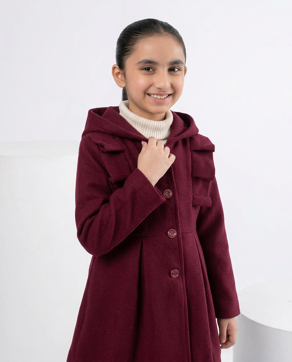 Girls’ Hooded Winter Coat with Button Closure – Maroon