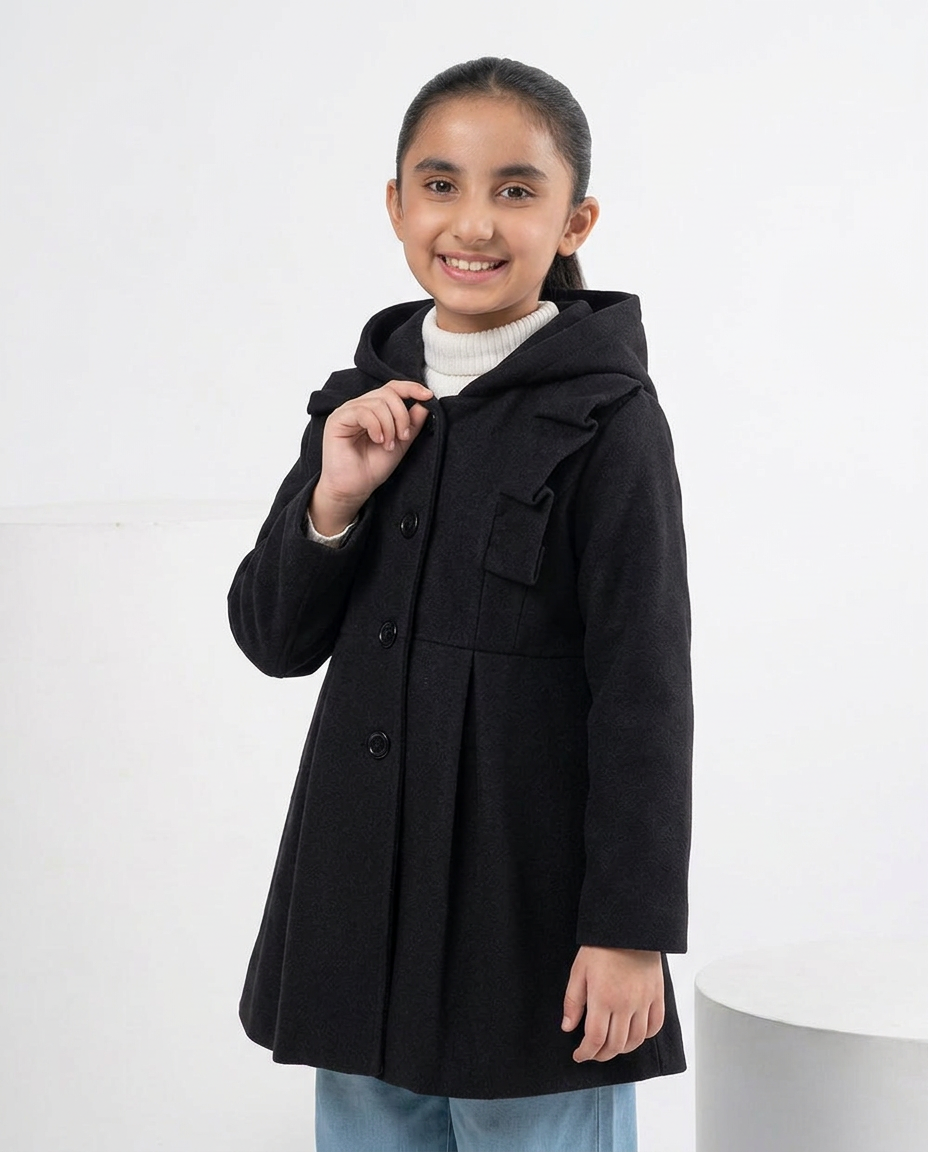 Girls’ Hooded Winter Coat with Button Closure –black