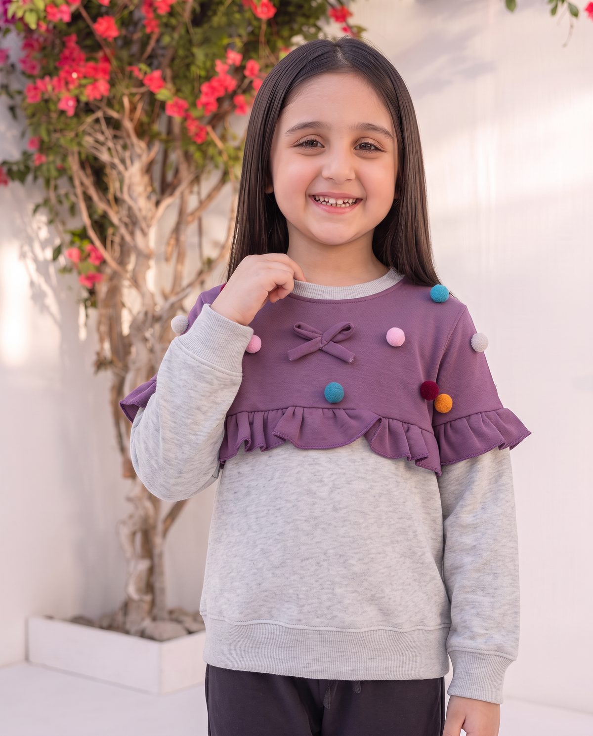 Toddler Girls' Adorable Pom Pom Ruffle Sweatshirt & Bunny Jogger 2-Piece Set