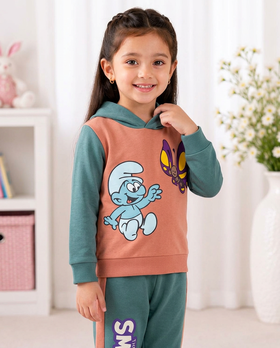 Baby Girls The Smurfs Print Peach Fleece Hoodie With Blue Panel Trouser 2 Piece premium Quality Set