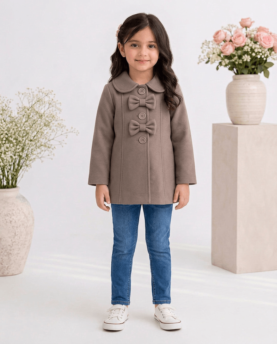 Beige Brown Bow-Detail Fleece Coat