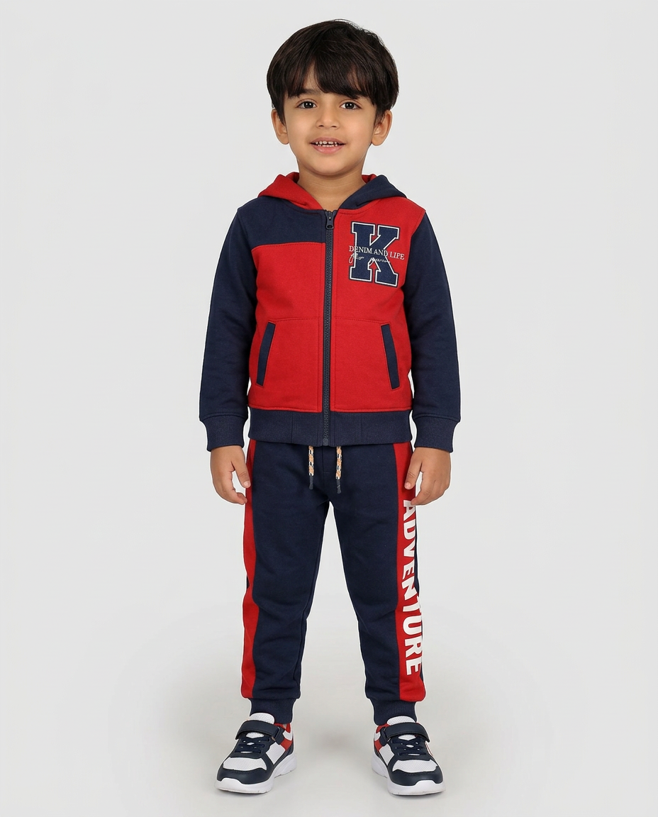 Red & Navy Zip-Up Hoodie and Trouser Suit – Kids Winter Fleece Set