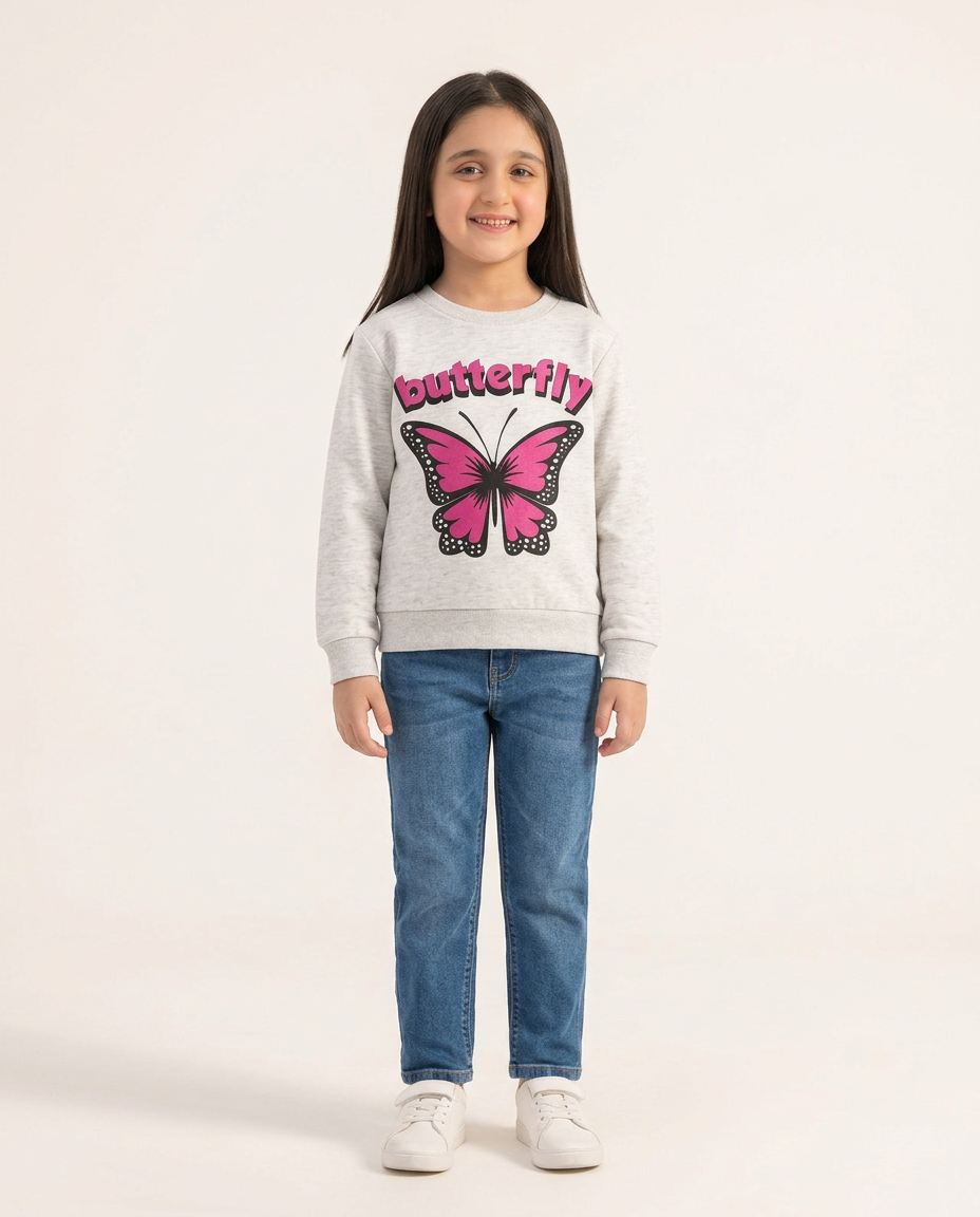 Baby Girls Pink & Grey Butterfly Print Premium Quality Only Sweatshirt