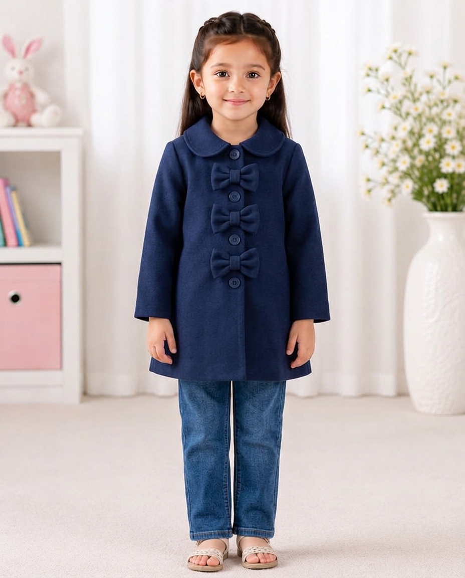 Girls’ Navy Bow-Detail  Fleece Coat
