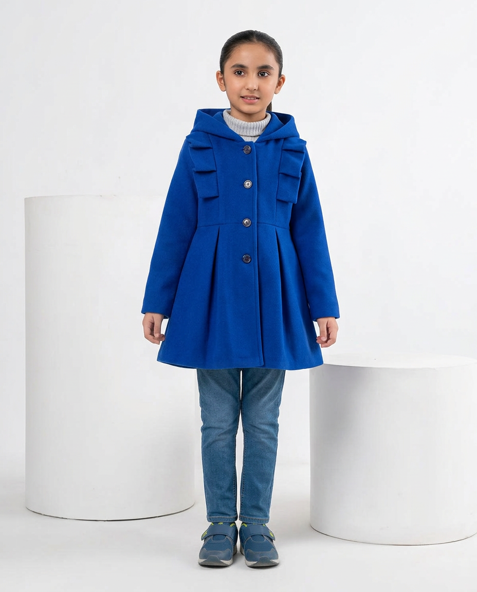Girls’ Hooded Winter Coat with Button Closure-blue