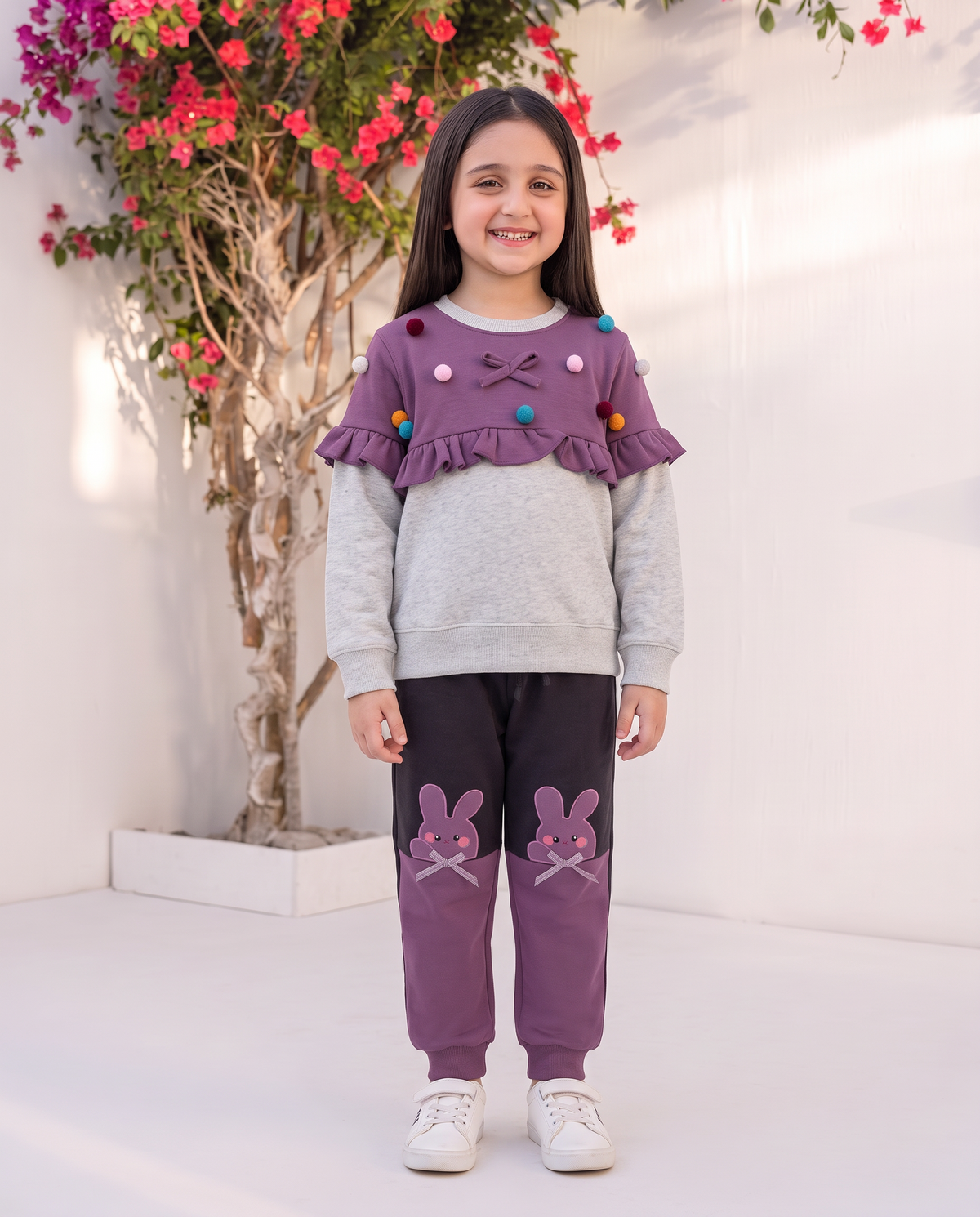 Toddler Girls' Adorable Pom Pom Ruffle Sweatshirt & Bunny Jogger 2-Piece Set