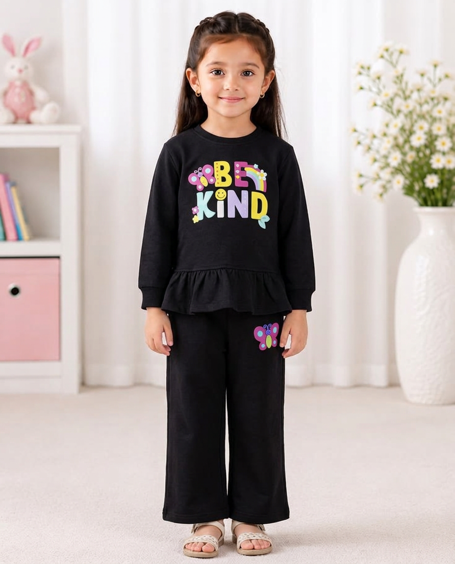 Toddler Girl Black Peplum "Be Kind" Butterfly Graphic Sweatsuit