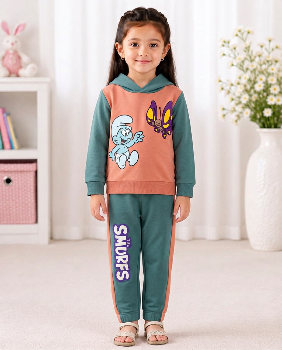 Baby Girls The Smurfs Print Peach Fleece Hoodie With Blue Panel Trouser 2 Piece premium Quality Set