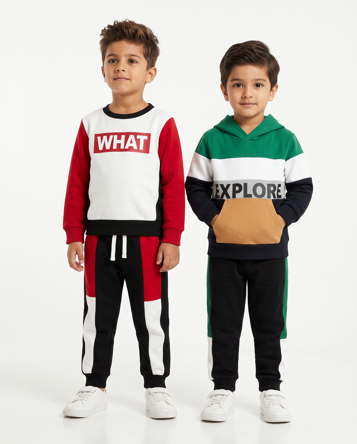Bold Colorblock Tracksuit Bundle – "What" & "Explore" Fleece Sets for Boys