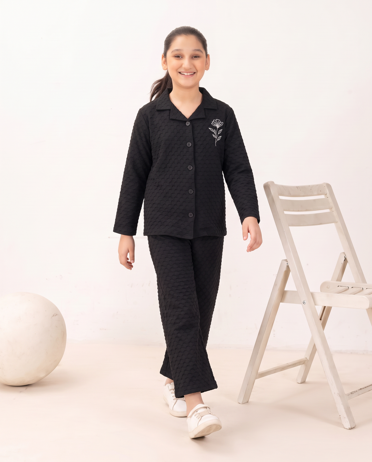 Girls Black Wave Textured Turkish Fabric Co-Ord Set