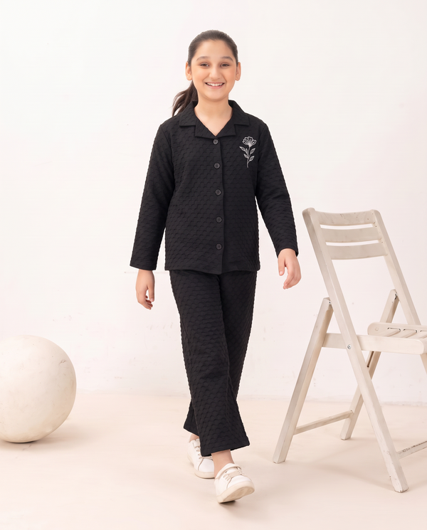 Girls Black Wave Textured Turkish Fabric Co-Ord Set